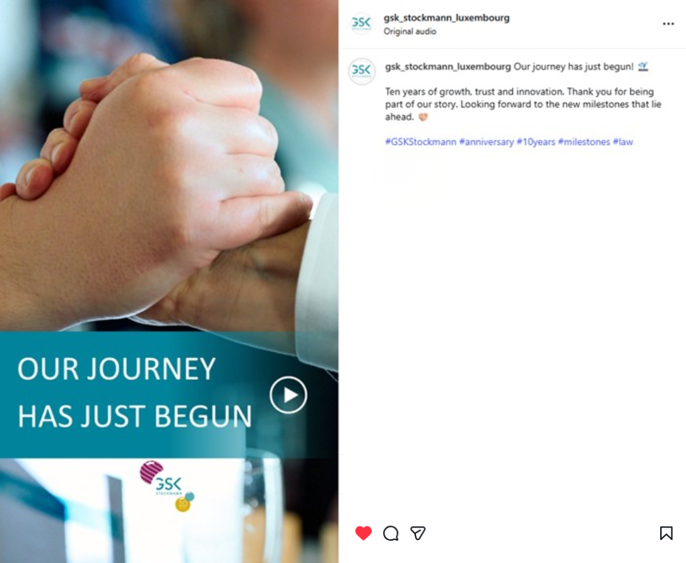 Screenshot of an Instagram video titled "Our journey has just begun", showing joined hands to mark 10 years of GSK Stockmann