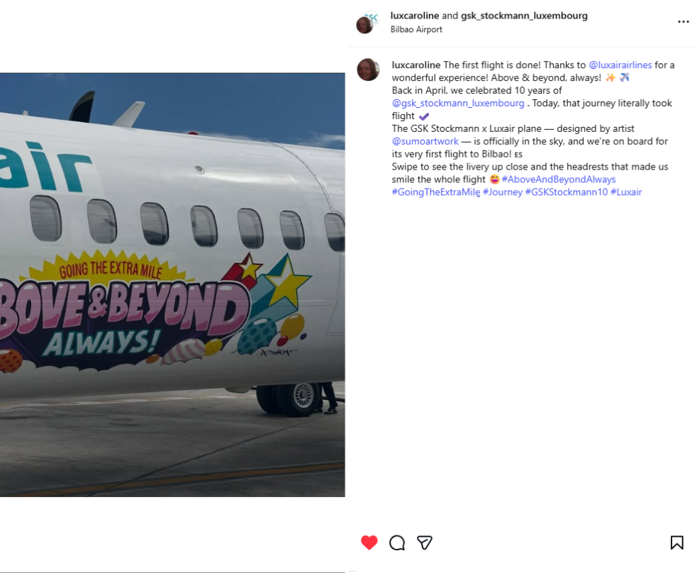 Screenshot of an Instagram post showing the Luxair anniversary aircraft livery close up on the tarmac in Bilbao