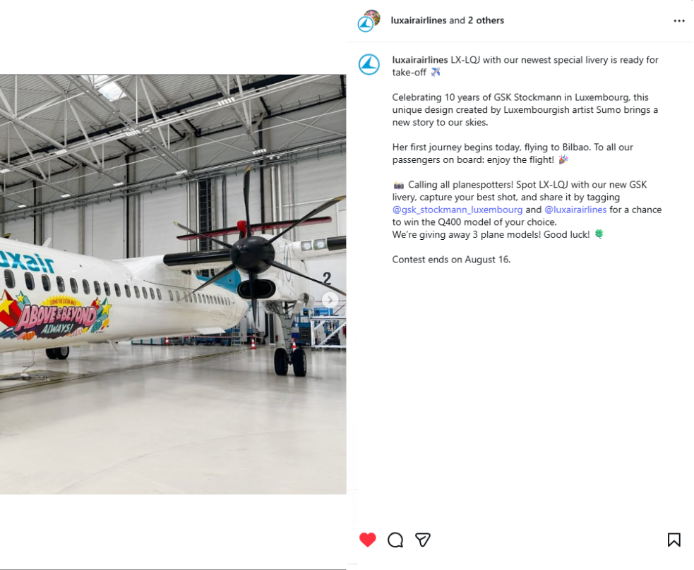 Screenshot of an Instagram post showing the Luxair anniversary aircraft in the maintenance hangar