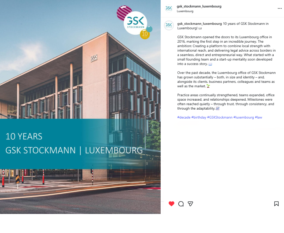 Screenshot of an Instagram video titled "Join our Journey" with a play button, marking 10 years of GSK Stockmann