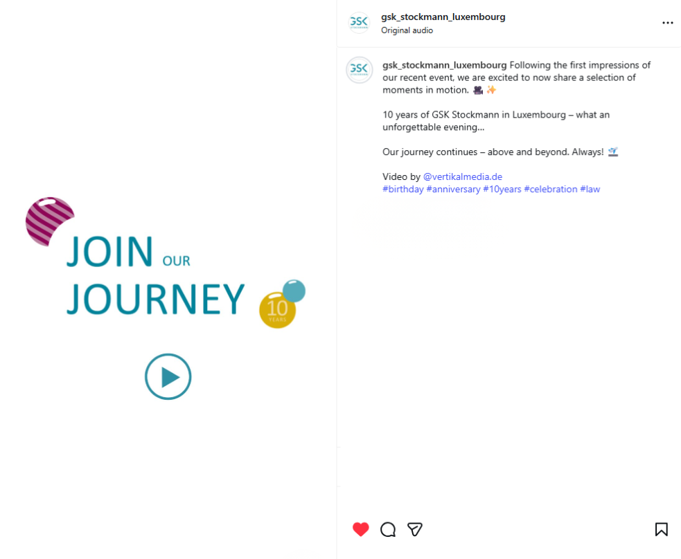Screenshot of an Instagram video titled "Join our Journey", marking 10 years of GSK Stockmann in Luxembourg