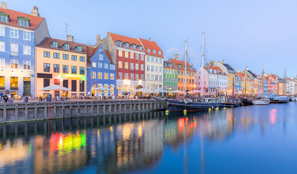 Copenhagen Nyhavn, New port of Copenhagen, at night in Denmark