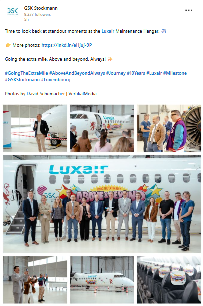 Screenshot of a LinkedIn post by GSK Stockmann about the Luxair Maintenance Hangar event, showing photos of the anniversary aircraft unveiling