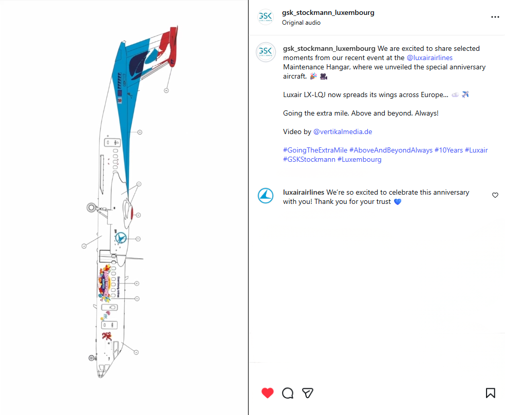 Technical line drawing of the Luxair aircraft livery design with the anniversary artwork on the tail